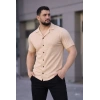 Erkek Waffle Kumaş Kısa Kollu Düğmeli Açık Yaka Regular Fit Gömlek  Bej