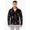 Erkek Yarım Fermuarlı Desenli Polar weat Tribal Etnik Desen Yakalı, Uzun Kollu, Oversize Rahat Kalıp,  iyah