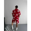 İki İplik Kumaş Baskılı Tshirt Şortlu Takım Kırmızı