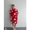 İki İplik Kumaş Baskılı Tshirt Şortlu Takım Kırmızı