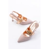 İNF-260 Rose Simli Günlük Arkası Açık Baret Tokalı Topuklu Bayan Ayakkabı
