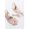 İNF-4505 Bej Saten Günlük Arkası Açık Kurdele detaylı Topuklu Bayan Ayakkabı