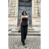 Siyah Straplez Düğmeli Crop Ve Pantolon Takım