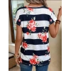 Kadın Çiçek Desenli Yatay Şeritli Bisiklet Yaka Tişört