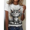 Kadın Kısa Kollu Bisiklet Yaka Kedi Baskılı Süprem Bluz