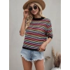 Kadın Kısa Kollu Bisiklet Yaka Renkli şerit Detaylı Triko Bluz
