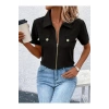 Kadın Kısa Kollu Ceket Yaka önü Fermuarlı Cep Detay Kısa Kol Ithal Krep Bluz