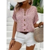 Kadın Kısa Kollu çentikli V Yaka Ve Düğme Detaylı çiçek Desenli Süprem Bluz