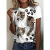 Kadın Kısa Kollu Kedi Ve Pati Baskılı Süprem Tshirt