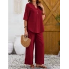Kadın Kısa Kollu V Hakim Yaka Düğmeli Bürümcük Bluz Ve Pantolon Ikili Takım