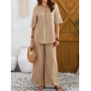 Kadın Kısa Kollu V Hakim Yaka Düğmeli Bürümcük Bluz Ve Pantolon Ikili Takım
