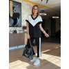 Kadın Kısa Kollu V Yaka Siyah Beyaz Renkli Viskon Iki Iplik Kumaş Eşofman Takımı