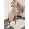 Kadın Kolsuz Askılı Crop Yırtmaçlı Midi Etek Fitilli Kaşkorse Takım