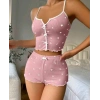 Kadın Pembe Kalpli Askılı Şortlu Pijama Takım 5009