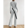 Kadın Uzun Kollu Bisiklet Yaka Asimetrik Kesim Bluz şardonlu Kaşkorse Bluz Ve Pantolon Ikili Takım