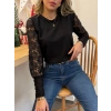 Kadın Uzun Kollu Bisiklet Yaka Kolları çiçekli Waffle Bluz