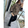 Kadın Uzun Kollu Bisiklet Yaka Leopar Desenli Iki Iplik Bluz Ve Viskon Iki Iplik Pantolon Ikili Takım