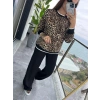 Kadın Uzun Kollu Bisiklet Yaka Leopar Desenli Iki Iplik Bluz Ve Viskon Iki Iplik Pantolon Ikili Takım