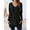 Kadın Uzun Kollu Derin V Yakalı Asimetrik Kesim Cepli Detay Yün Viskon Iki Iplik Bluz