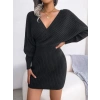 Kadın Uzun Kollu Kruvaze Geniş Yakalı Mini Triko Elbise