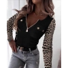 Kadın Uzun Kollu Leopar Desenli Fermuarlı önden Cep Ve Düğme Detaylı Kaşkorse Bluz