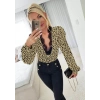 Kadın Uzun Kollu önden Derin Dantel Yaka Leopar Desenli Dalgıç Bluz