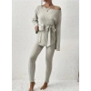 Kadın Uzun Kollu Tek Omuzu Açık Belden Kuşaklı şardonlu Kaşkorse Bluz Ve Tayt Pantolon
