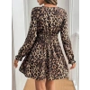 Kadın Uzun Kollu V Dantel Yakalı Leopar Desenli Modal Mini Elbise