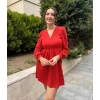 Kadın Uzun Kollu V Yaka Belden Hafif Pileli Scuba Krep Mini Boy Elbise