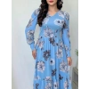 Kadın Uzun Kollu V Yakalı çiçek Desenli Maxi Süprem Elbise