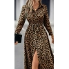 Kadın Uzun Kollu Yakalı Belden Kuşaklı Leopar Desenli Modal Uzun Elbise