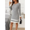 Kadın Uzun Kollu Yuvarlak Yaka Etek Ucu şerit Detaylı Mini Dokuma Elbise
