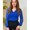 Kadın V Yaka Kolları Dökümlü Tül Detay Triko Bluz