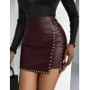 Kadın Yüksek Belli Yandan çivili Mini Deri Etek