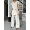 Keten ıfır Kol Blezer Ceket Pantolon Ikili Takım Beyaz
