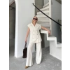 Keten ıfır Kol Blezer Ceket Pantolon Ikili Takım Beyaz