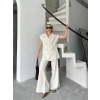 Keten ıfır Kol Blezer Ceket Pantolon Ikili Takım Beyaz