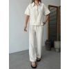 Keten Tam Fermuarlı Kısa Kollu Gömlek Pantolon Ikili Takım  Beyaz