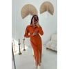 Oranj Boydan Düğmeli Deri Elbise