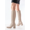 RS-2432 Bej Topuklu Fermuarlı Günlük Kadın Çizme