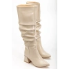 SYT-2002 Bej Kırışık Rugan Körüklü Kalın Topuklu Günlük Bayan Çizme
