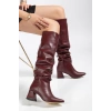 SYT-2002 Bordo Cilt  Körüklü Kalın Topuklu Günlük Bayan Çizme