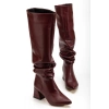 SYT-2002 Bordo Cilt  Körüklü Kalın Topuklu Günlük Bayan Çizme