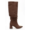 SYT-2002 Kahve Süet Körüklü Kalın Topuklu Günlük Bayan Çizme