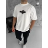 Unisex Bisiklet Yaka Baskılı Double Oversize Thirt  Beyaz