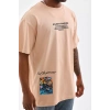 Unisex Bisiklet Yaka Baskılı Oversize Thirt  Bej