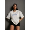 Unisex Bisiklet Yaka Baskılı Oversize Thirt  Beyaz