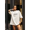 Unisex Bisiklet Yaka Baskılı Oversize Thirt  Beyaz