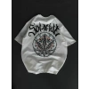 Unisex Bisiklet Yaka Baskılı Oversize Thirt  Beyaz