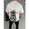 Unisex Bisiklet Yaka Baskılı Oversize Thirt  Beyaz
